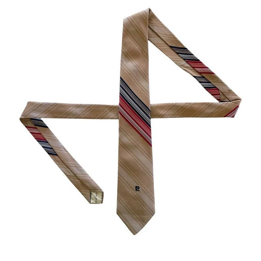 Vintage Pierre Cardin Embroidered Logo Striped Tan Polyester Tie